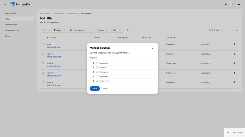 Column management modal screenshot