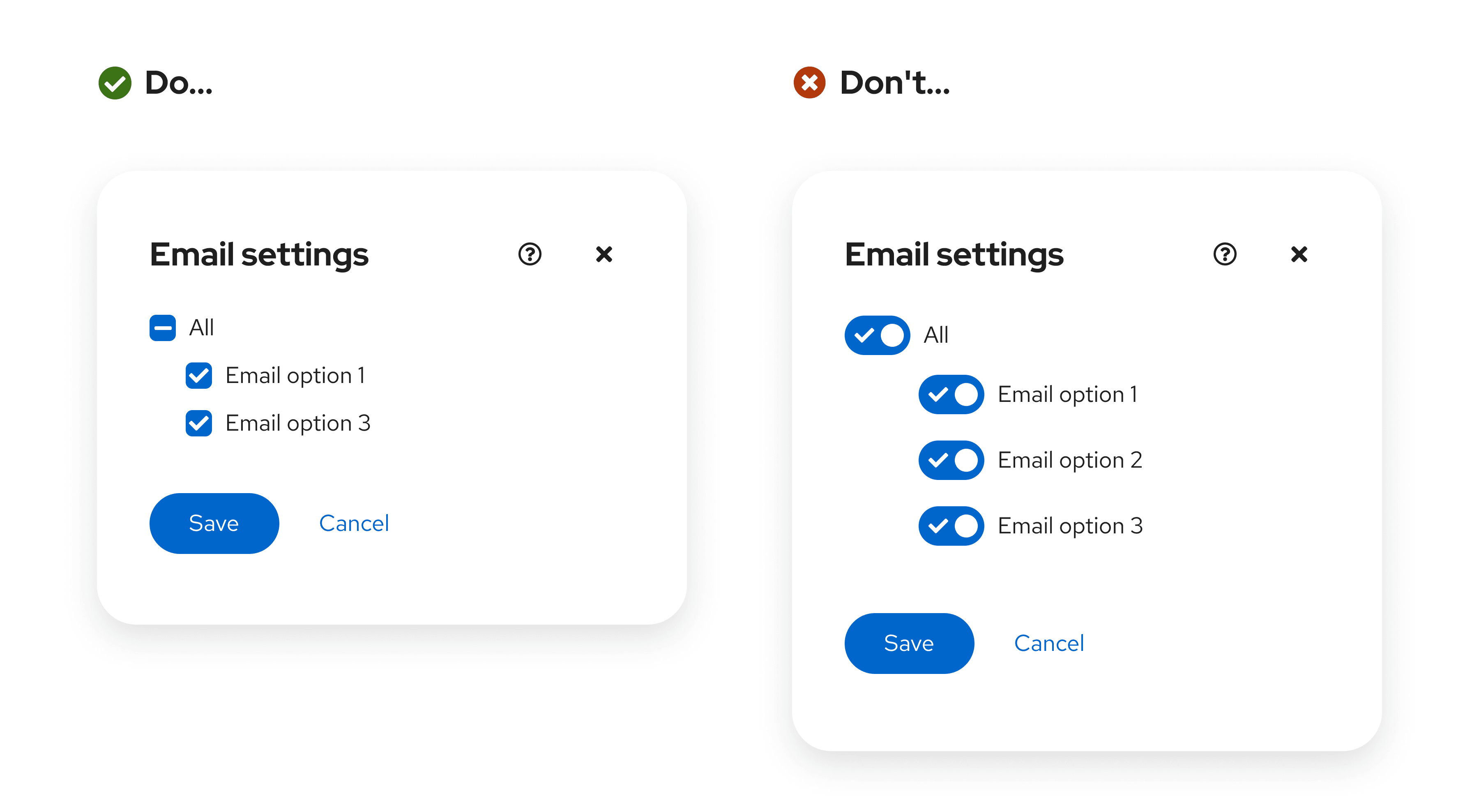 A "do" and "don't" comparison image that shows the proper use of a checkbox that selects all other checkboxes