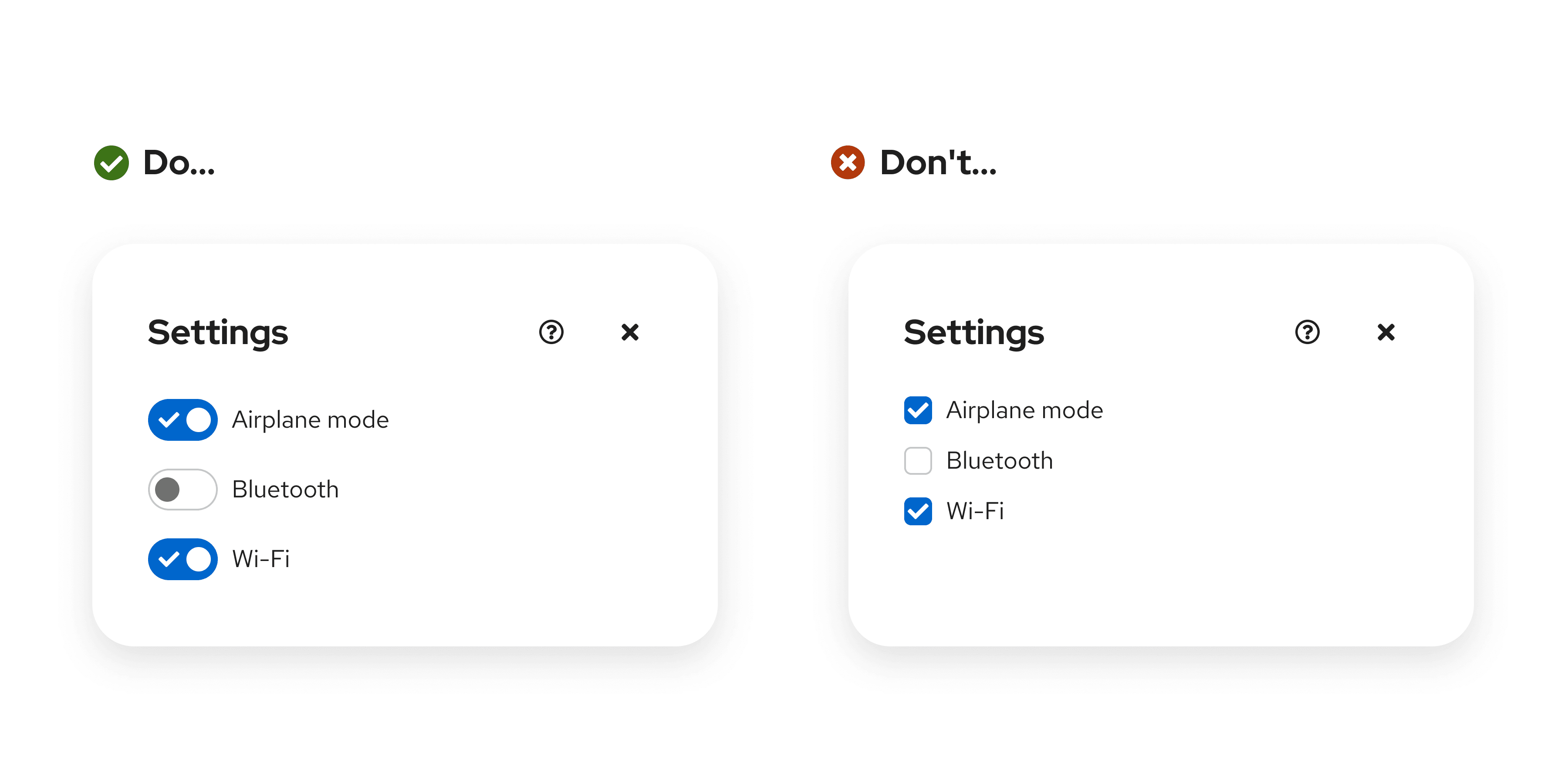 A "do" and "don't" comparison image that shows the proper use of switches when you can toggle multiple independent settings