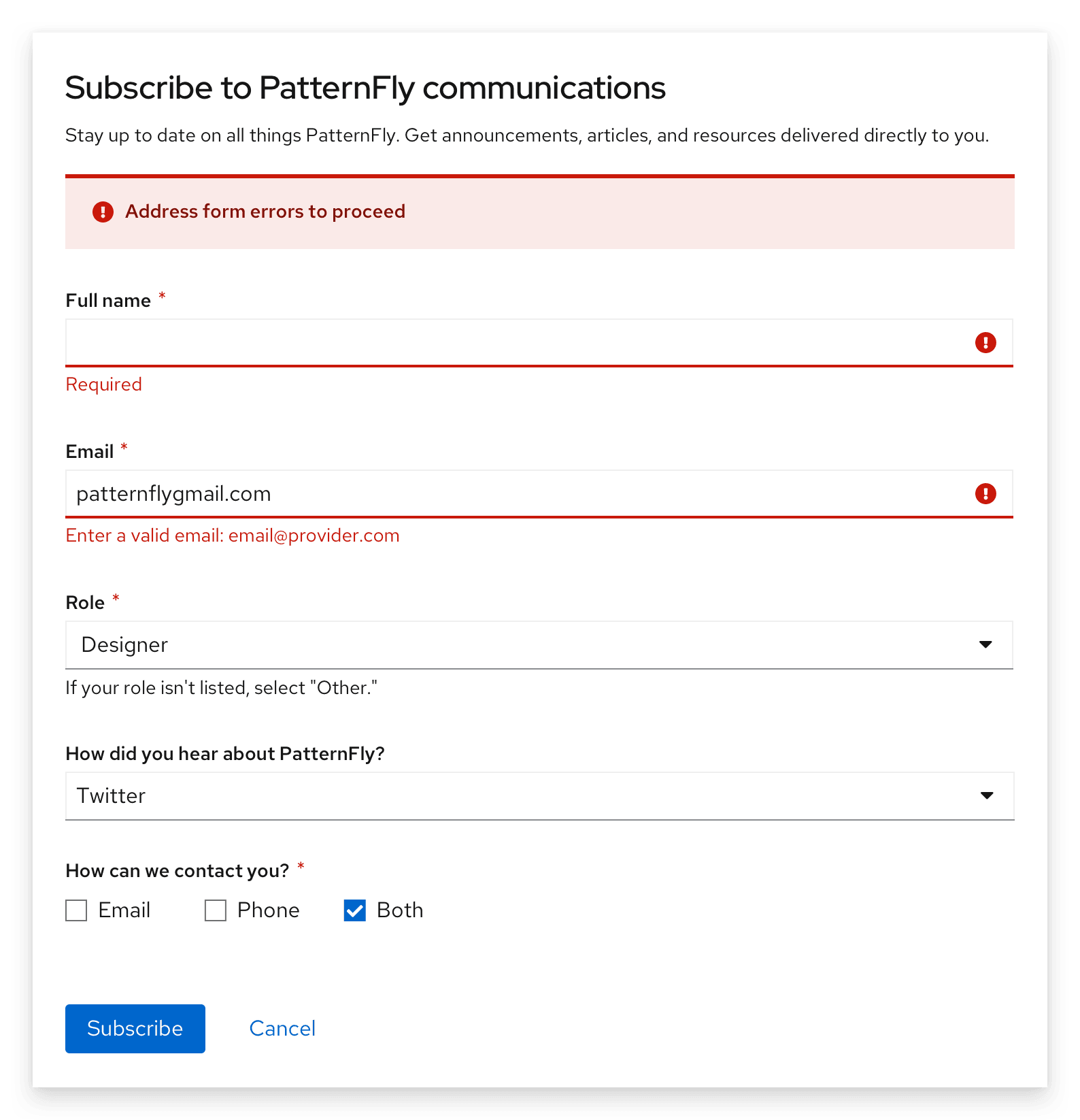 Example of errors after validation on submission, including an inline alert at the top, and field level errors